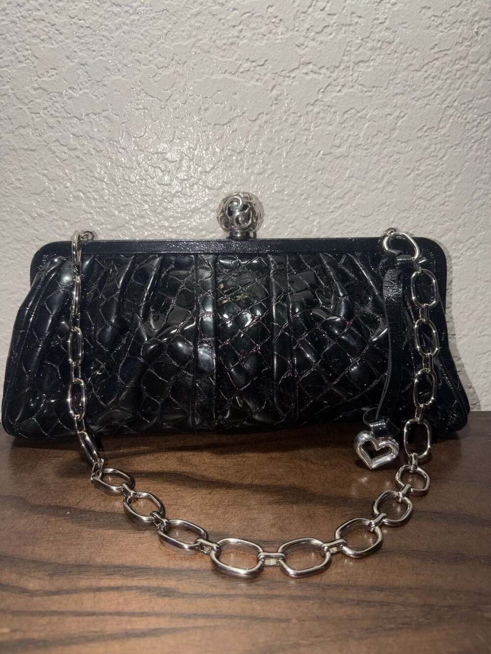 Brighton Black Patent Croc-Embossed Frame Clutch with Chain Strap